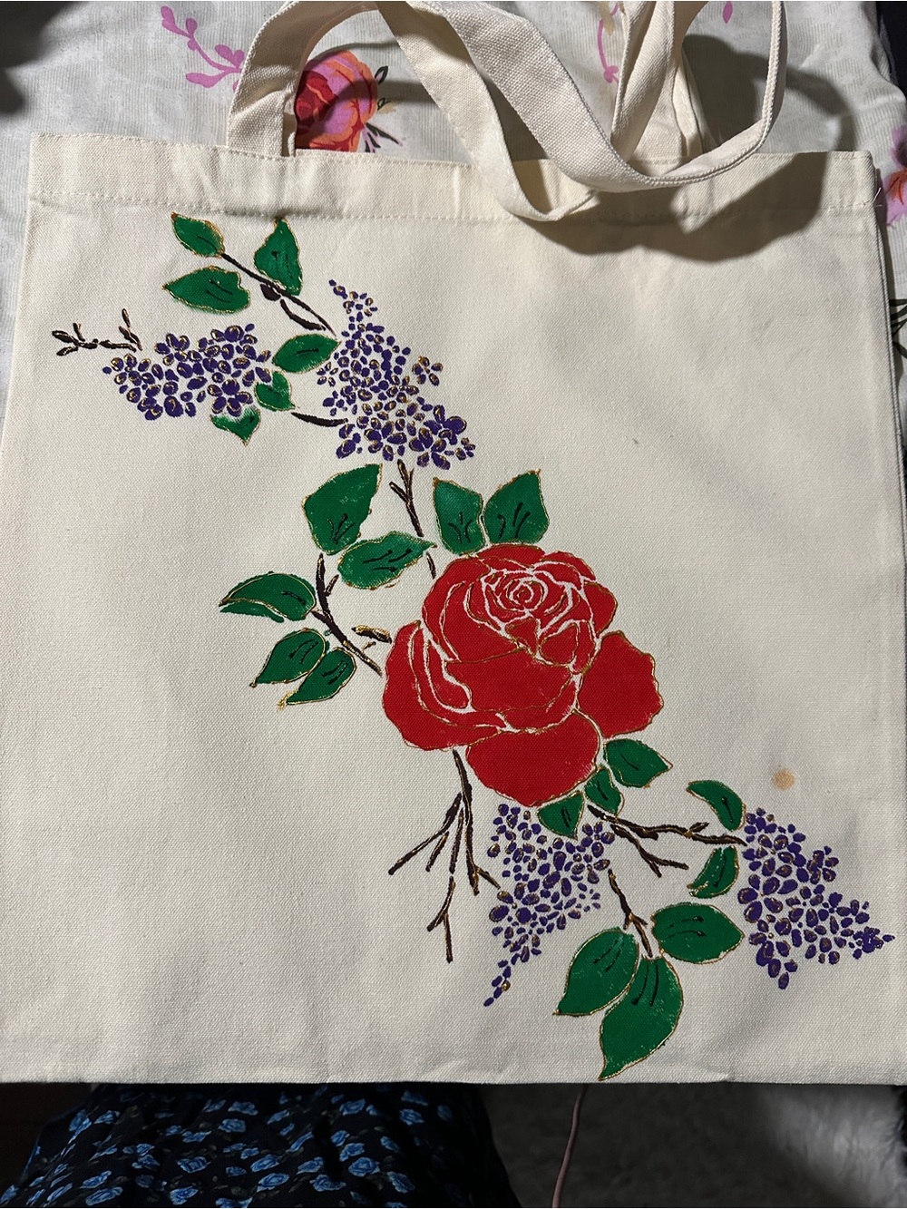 Canvas Tote Bag with Red Rose & Purple Floral Design hand painted